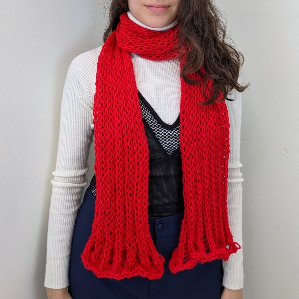 Handmade Grunge Lightweight Ribbed Distressed Knitted Red Scarf
